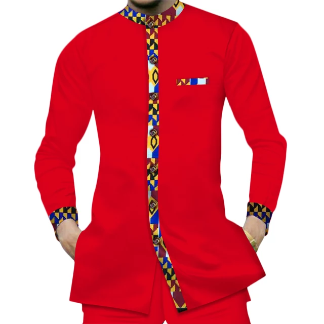 JB166 Casual 100% Cotton men%27s+shirts African clothes Dashiki Kente Patchwork Print Shirt Tops Bazin Riche African men suit 2pcs Set
