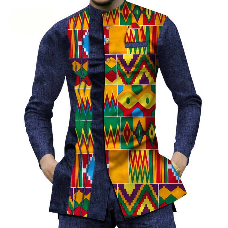 JB122A Casual Pure Cotton Mens African Clothing Dashiki Patchwork Print Shirt Tops Bazin Riche Traditional African Suit Clothing