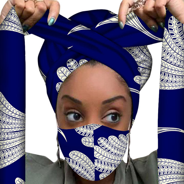 JBS502  African Headwrap Women Wax Fabric Traditional Headtie Scarf Turban set with matching picture Mas.K protection set