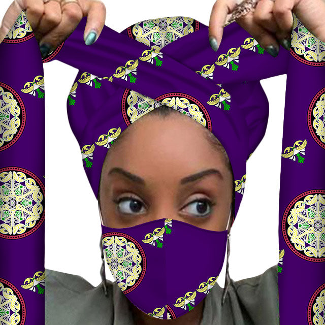 JBS508  African Headwrap Women Wax Fabric Traditional Headtie Scarf Turban set with matching picture Mas.K protection set